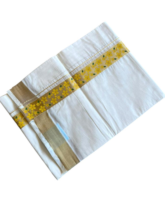 Southloom Kerala Pure Cotton Double Mundu with Kasavu Yellow And Kanikonna Print (South Indian Kerala Dhoti) SL288