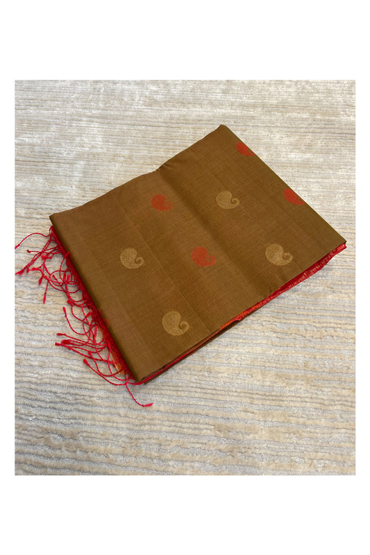 Southloom Pure Handloom Cotton Silk Saree With Handwoven Work Across Body and Blouse in Brown And Red