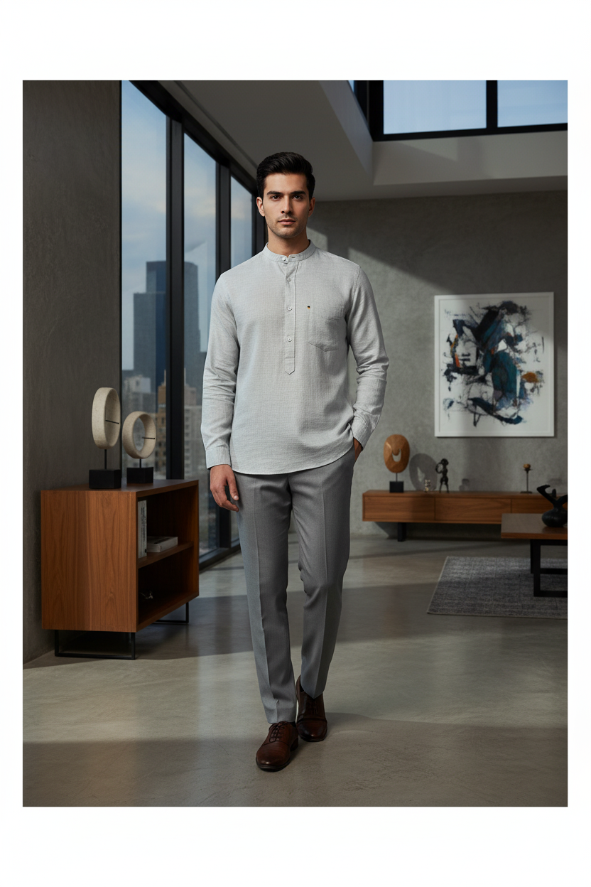Southloom Greyish Green Short Cotton Kurta Shirt for Men