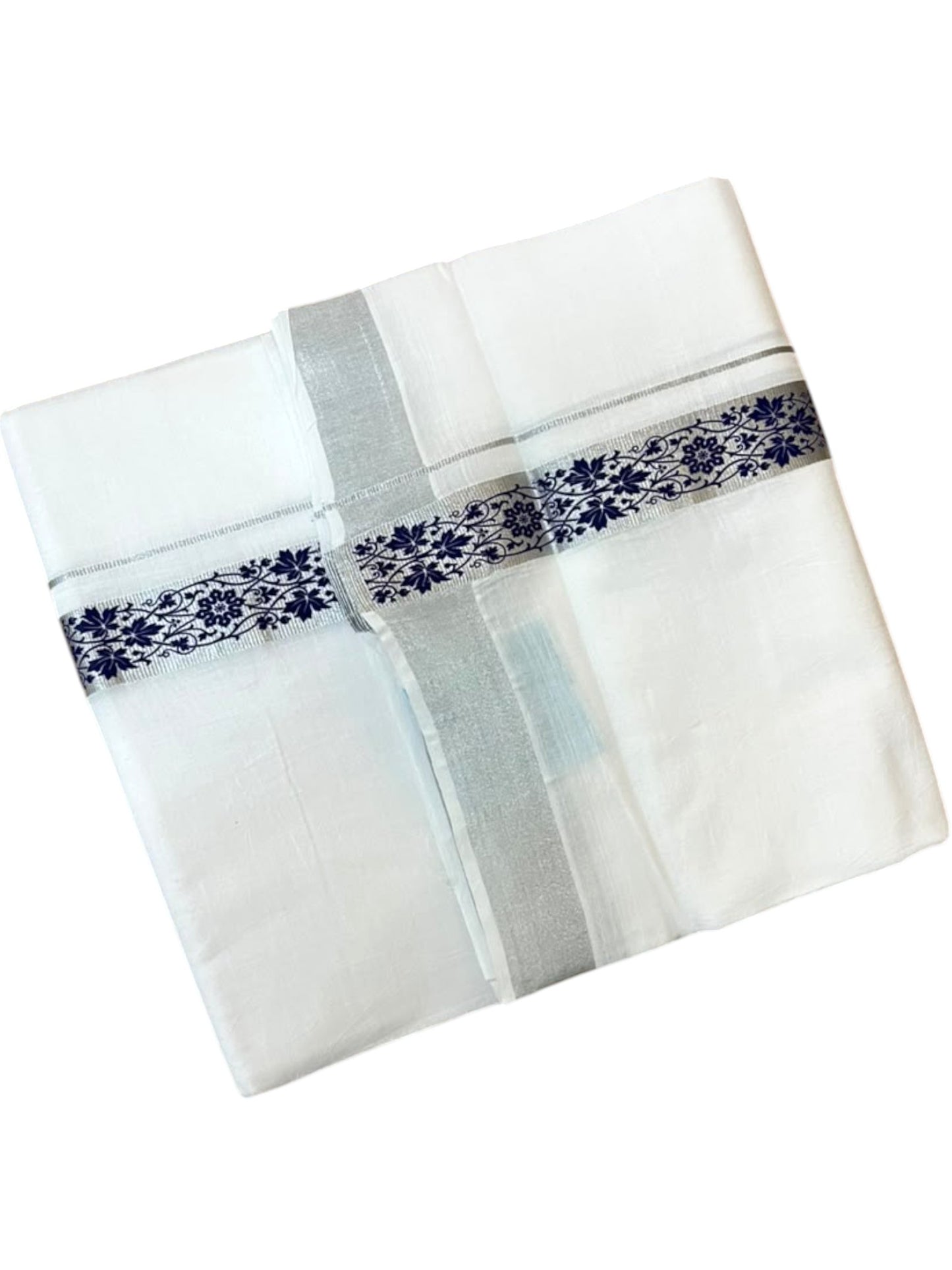Southloom Pure White Cotton Mundu with Blue and Silver Kasavu Border (South Indian Kerala Dhoti)