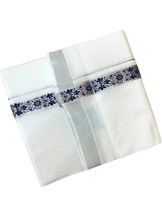 Southloom Pure White Cotton Mundu with Blue and Silver Kasavu Border (South Indian Kerala Dhoti)