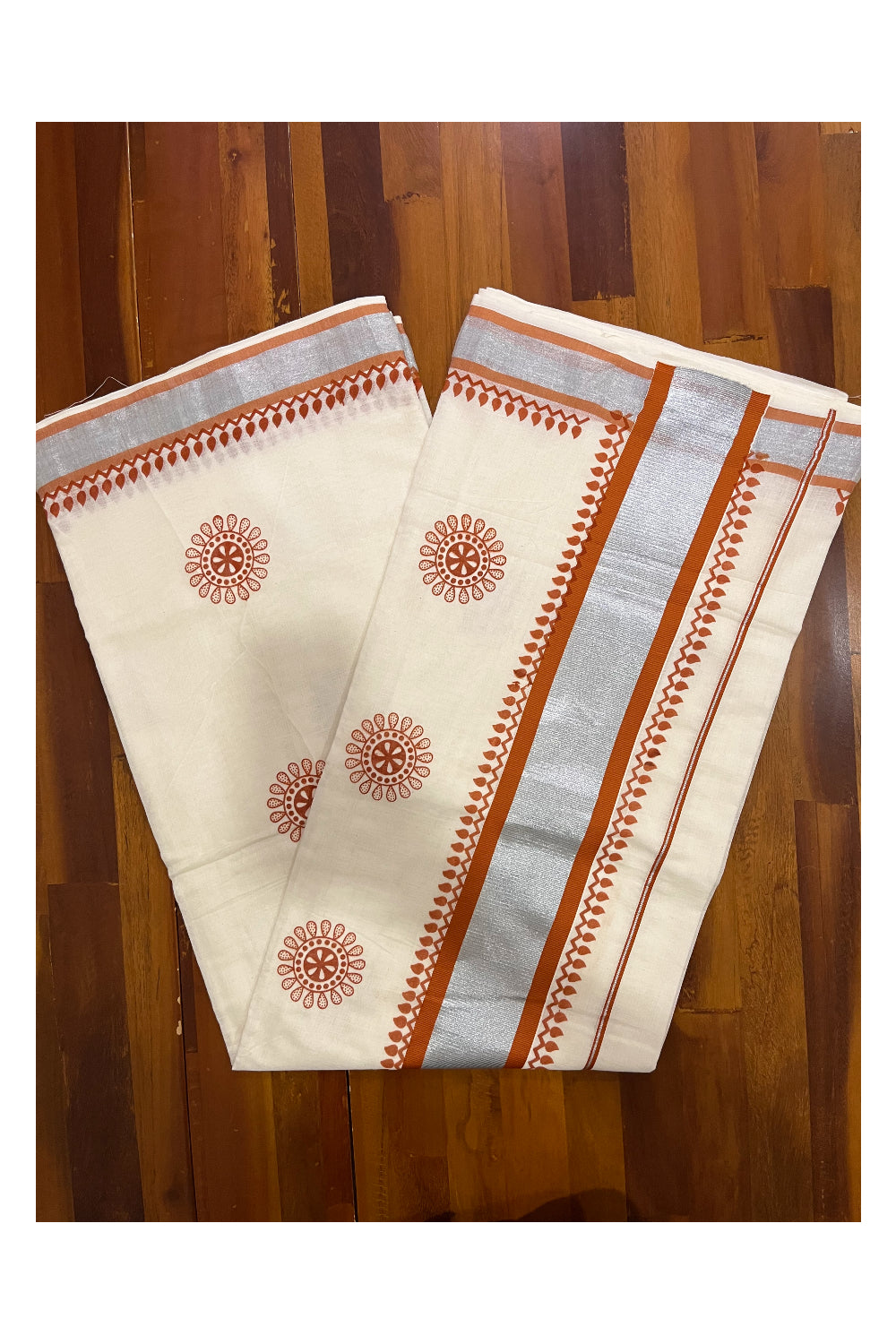 Kerala Pure Cotton Saree with Orange Block Prints and Silver Kasavu Border