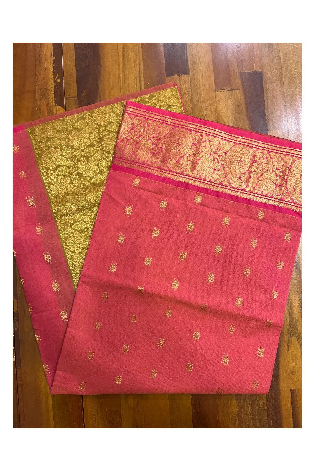 Southloom Cotton Pinkish Red Saree with Kasavu Woven Butta Works on Body  and Pallu