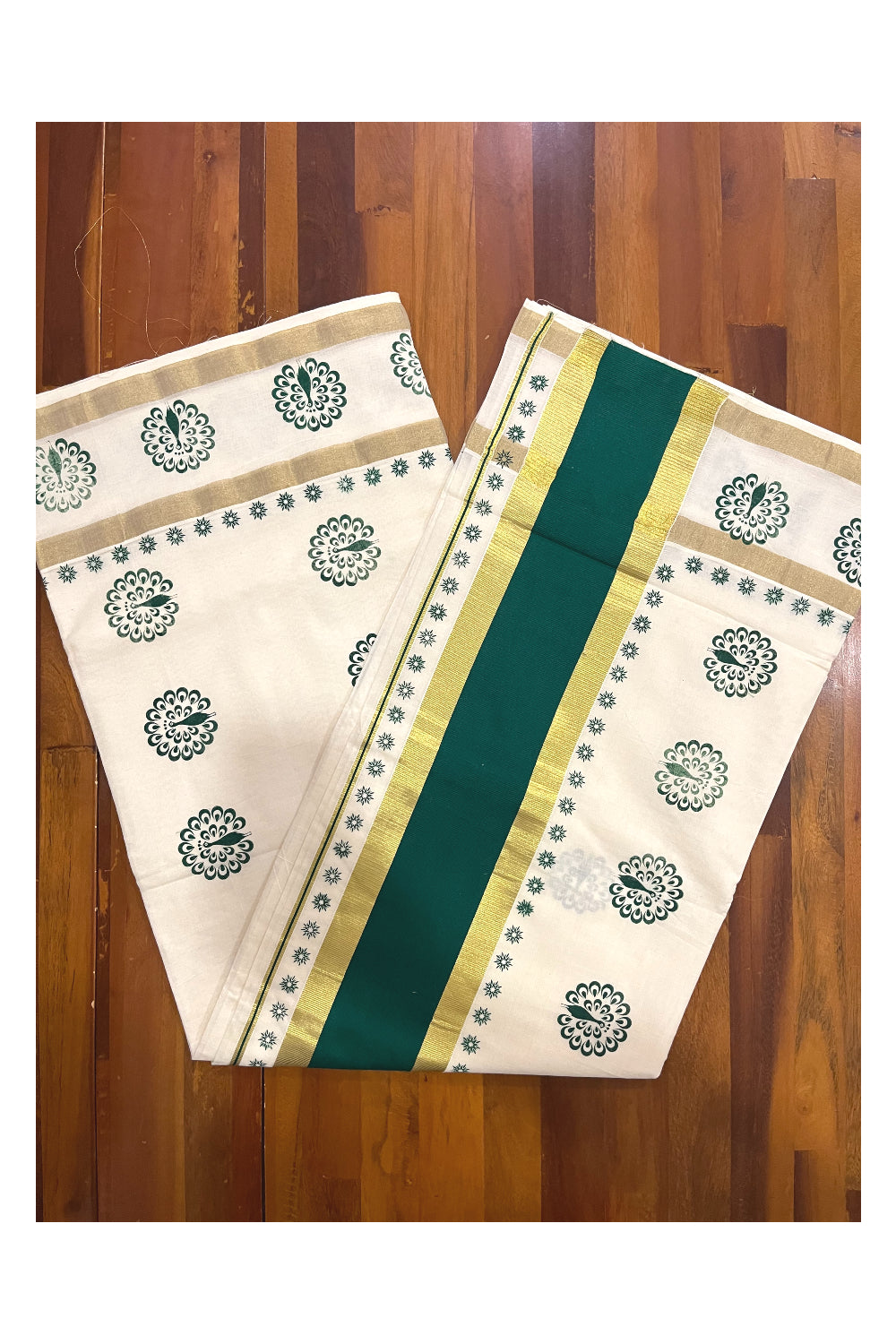 Pure Cotton Kerala Saree with Green Peacock Block Printed Kasavu Border