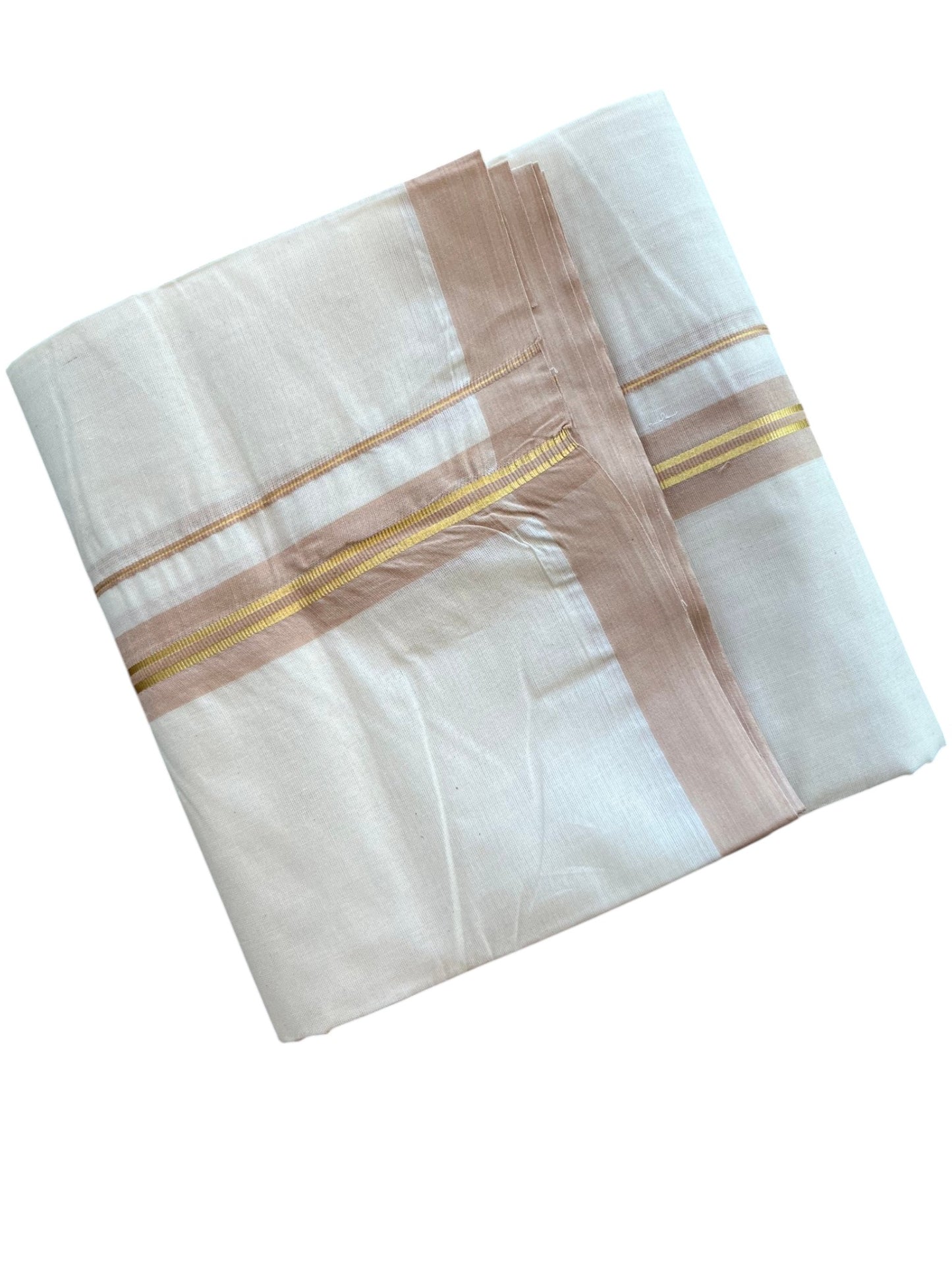 Southloom Pure Cotton Mundu with Golden Lines and Beige Border (South Indian Kerala Dhoti)