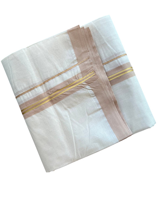 Southloom Pure Cotton Mundu with Golden Lines and Beige Border (South Indian Kerala Dhoti)