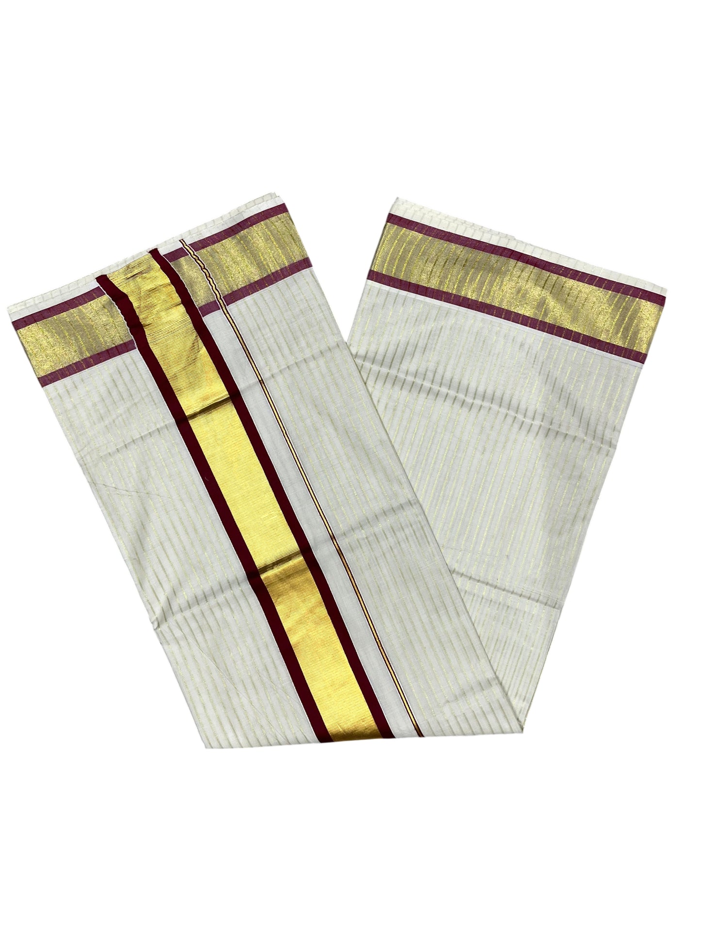 Southloom Pure Cotton Kerala Saree with Gold Kasavu Lines Across Body and Maroon Border