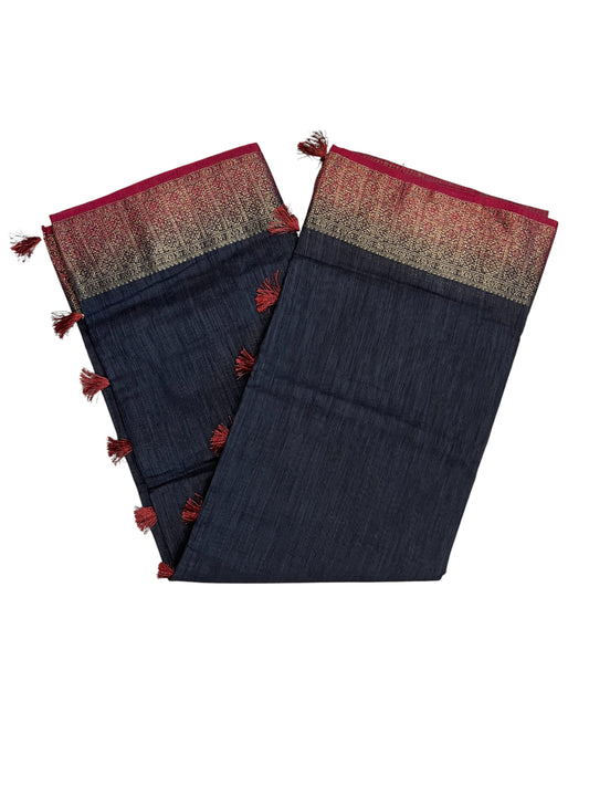 Southloom Jute Designer Black Saree  And Maroon Zari Woven Work Border with Tussles