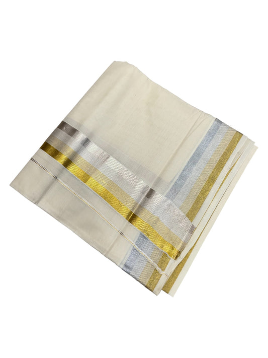 Southloom Kerala Pure Cotton Double Mundu with Gold & Silver Line Border (South Indian Dhoti)