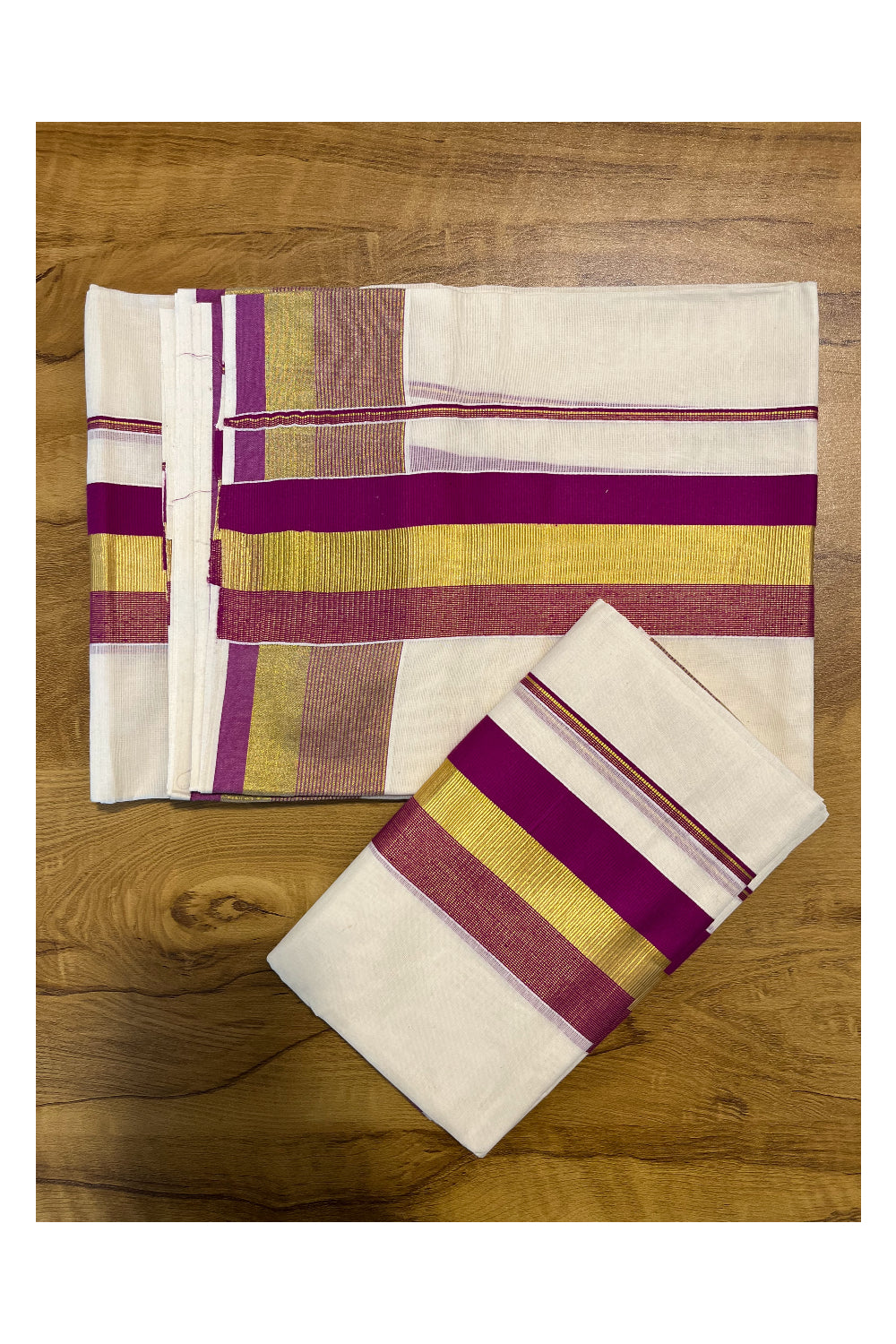 Kerala Cotton Set Mundu (Mundum Neriyathum) with Magenta and Kasavu Border 2.80 Mtrs