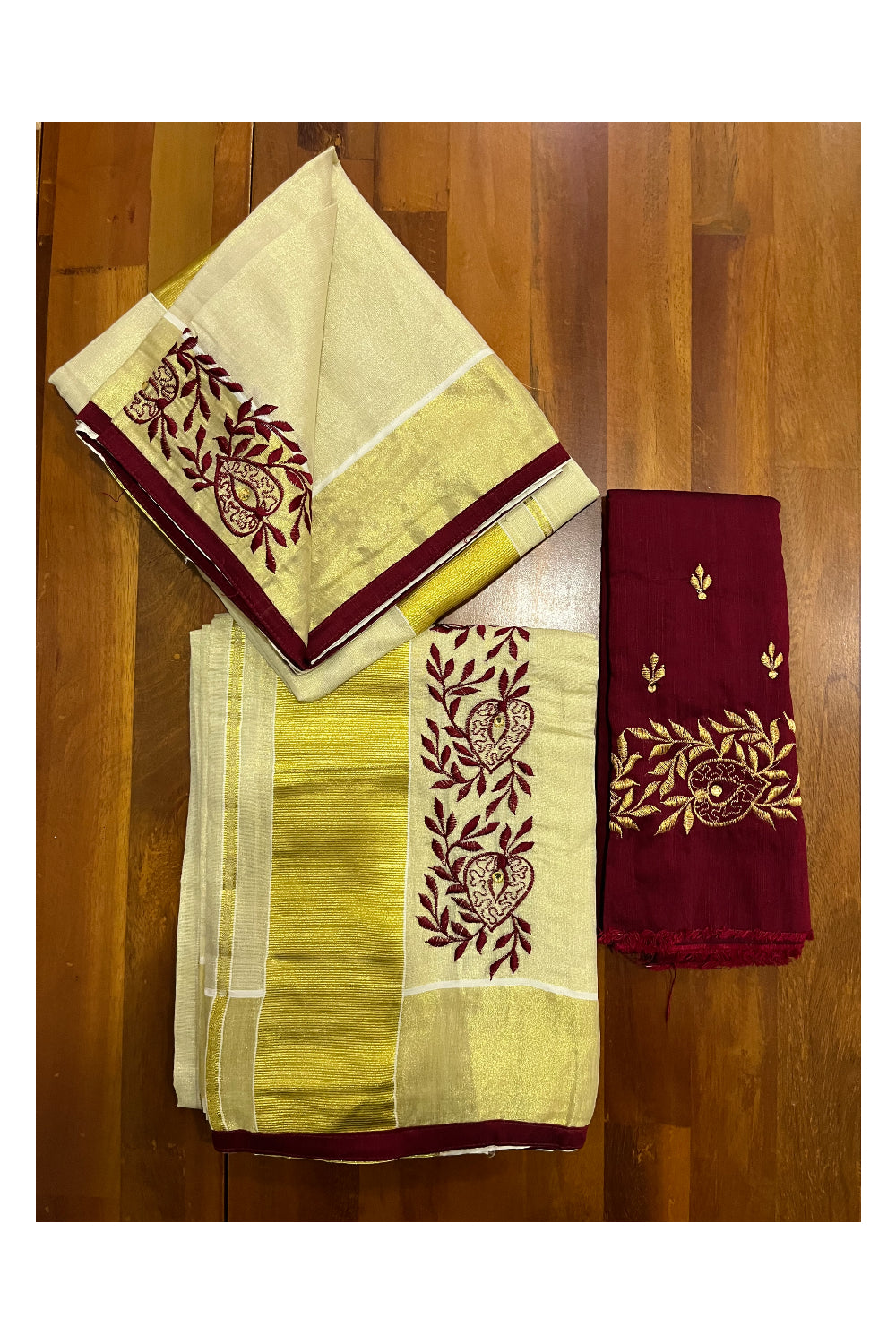 Kerala Tissue Kasavu Set Mundu (Mundum Neriyathum) with Handwork Embroidery Design and Maroon Blouse Piece