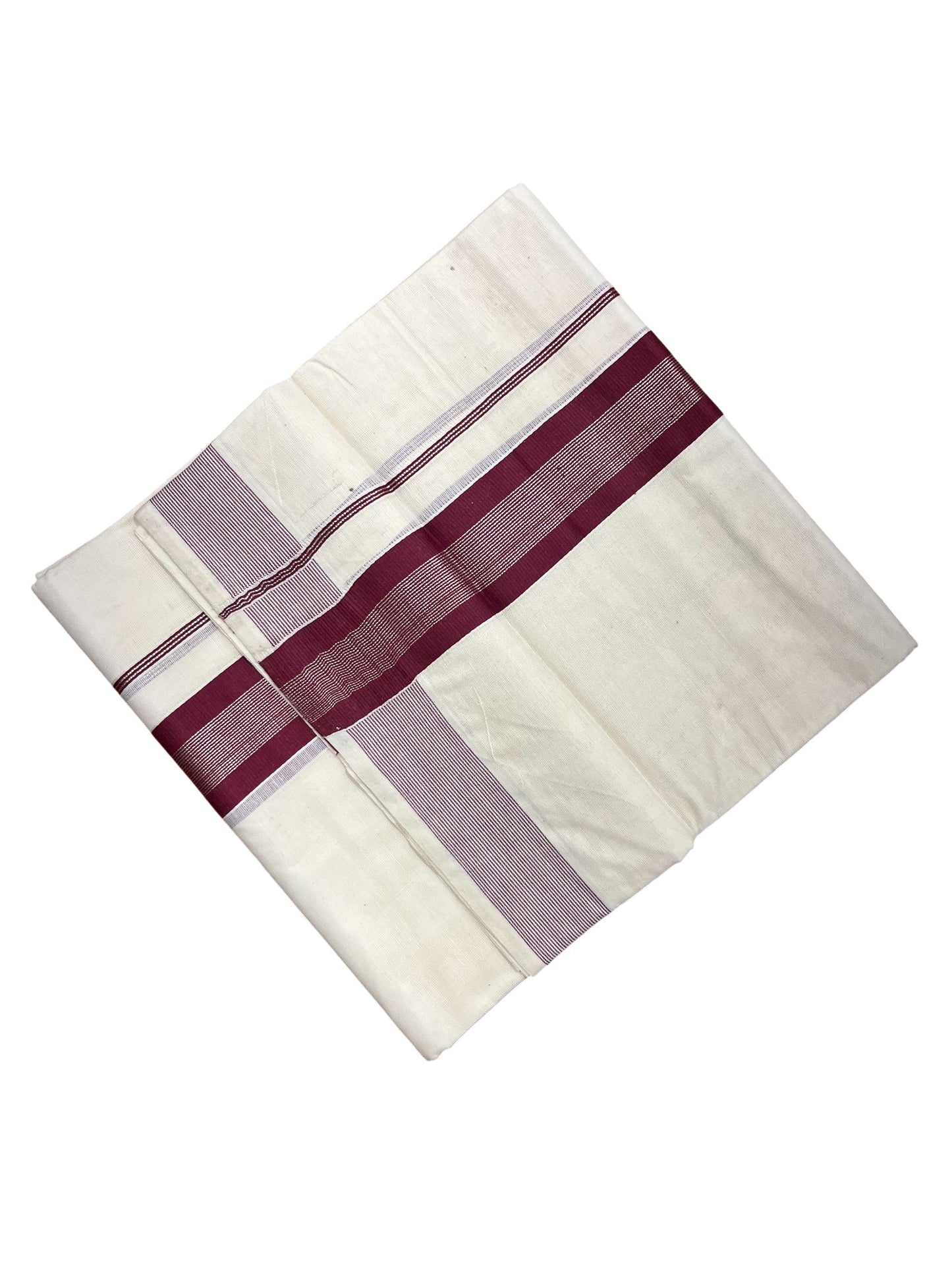 Southloom Kerala Pure Cotton Double Mundu with Silver Lines & Purple Border (South Indian Dhoti)