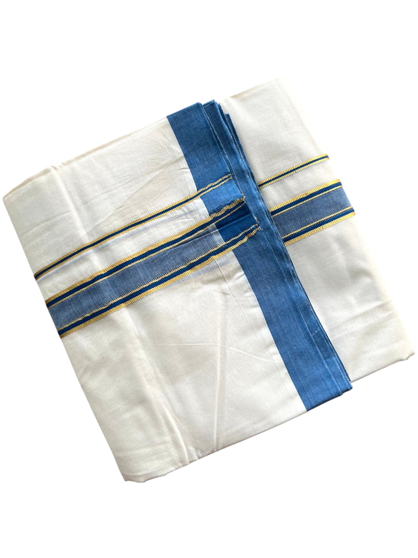 Southloom Pure Cotton Mundu with Golden Lines and Blue Border (South Indian Kerala Dhoti)