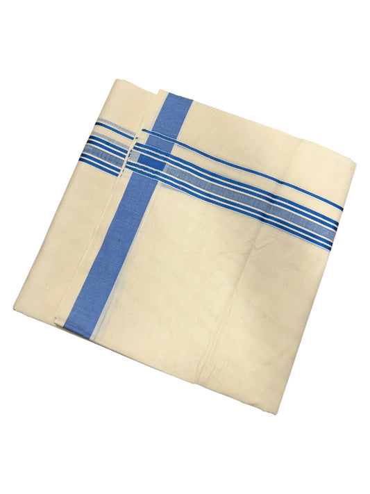 Southloom Pure Cotton Double Mundu With White Lines & Blue Border (South Indian Kerala Dhoti)