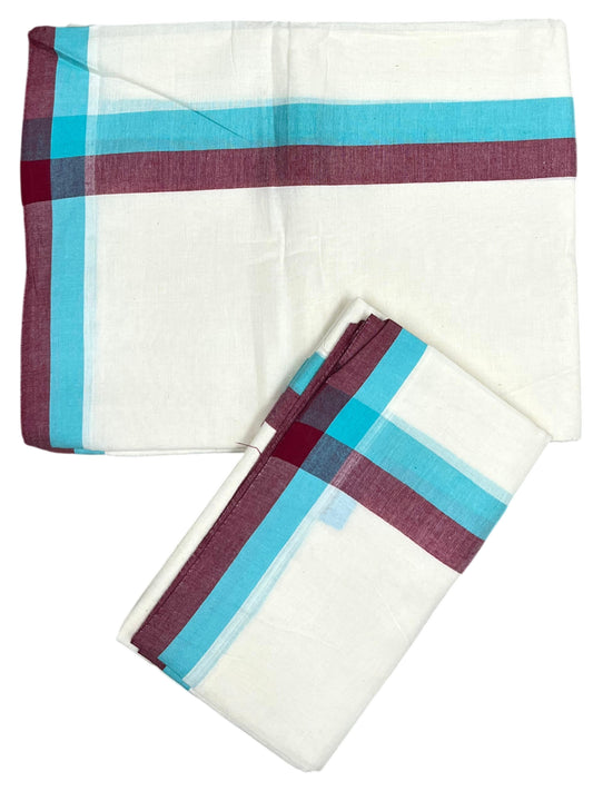 Southloom Pure Cotton Kerala Single Mulloth Set Mundu (Mundum Neriyathum) Maroon And Turquoise Border in 2.80 mtrs