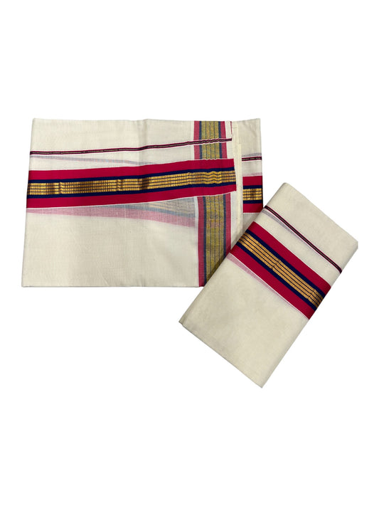 Kerala Cotton Kasavu Set Mundu (Mundum Neriyathum) with Magenta and Blue Border