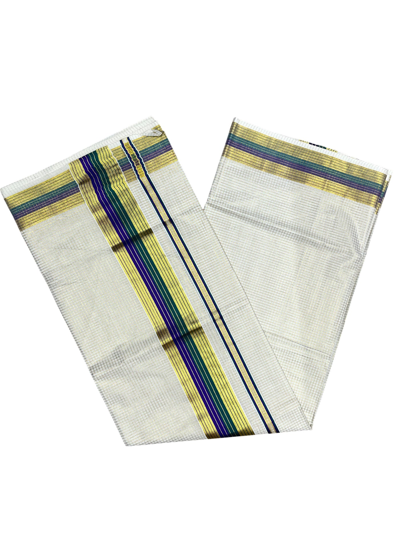 Southloom Kerala Cotton Kasavu Saree with Micro Check Design on Body in Violet & Green Border