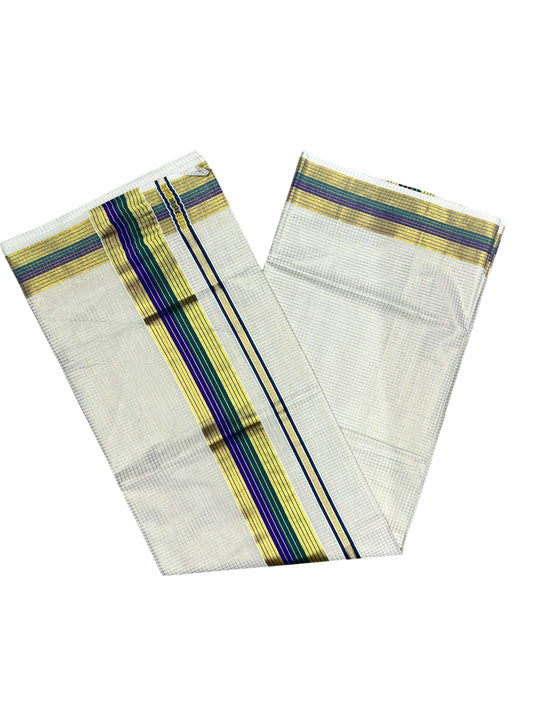 Southloom Kerala Cotton Kasavu Saree with Micro Check Design on Body in Violet & Green Border