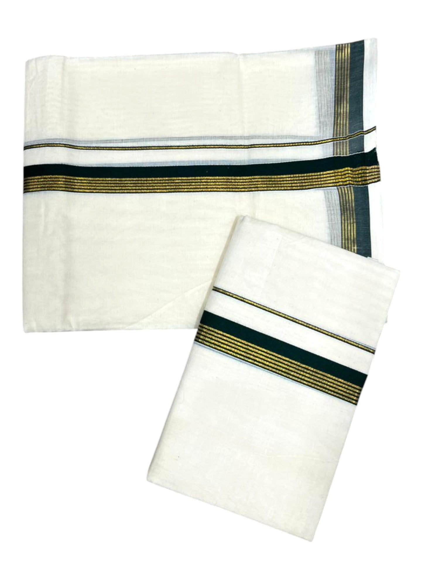 Pure Cotton Kerala Single Set Mundu (Mundum Neriyathum) with Green Kasavu Border in 2.80 Mtrs