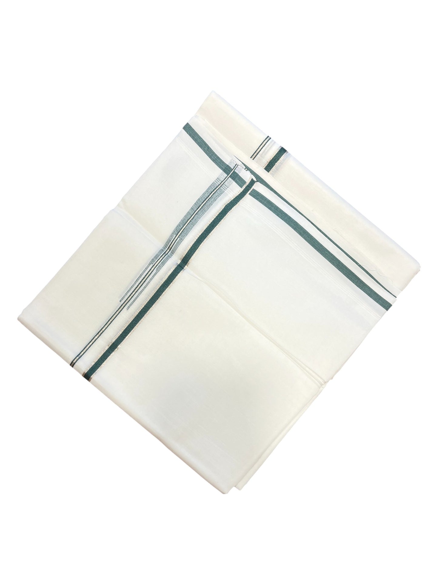 Pure White Cotton Double Mundu with Silver Green Chutti Kara (South Indian Dhoti)