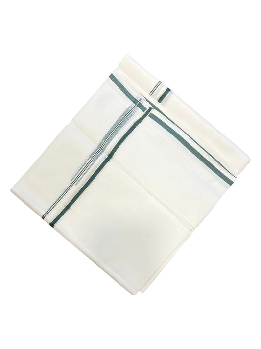 Pure White Cotton Double Mundu with Silver Green Chutti Kara (South Indian Dhoti)