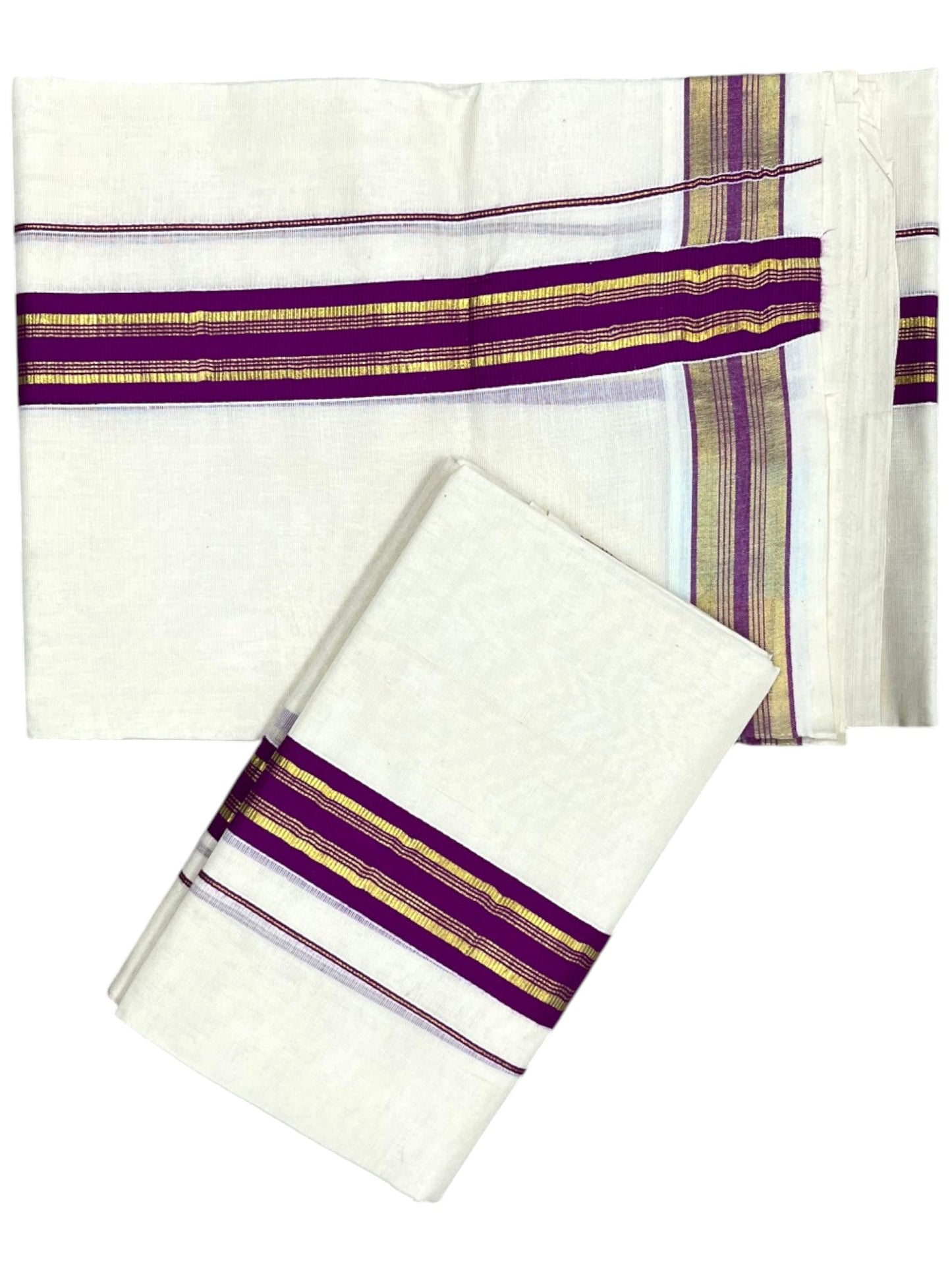 Southloom Kerala Cotton Single Set Mundu (Mundum Neriyathum) with Kasavu and  Purple Border in 2.80 Mtrs SLKK SL470