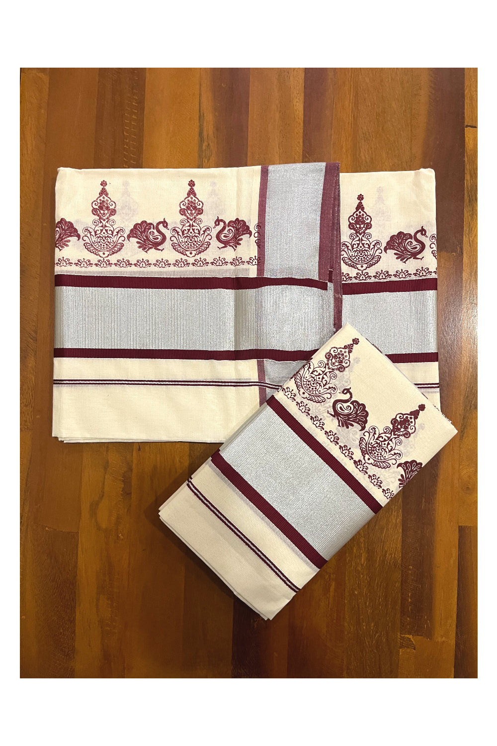 Pure Cotton Kerala Single Set Mundu (Mundum Neriyathum) with Maroon Block Printed Silver Kasavu Border