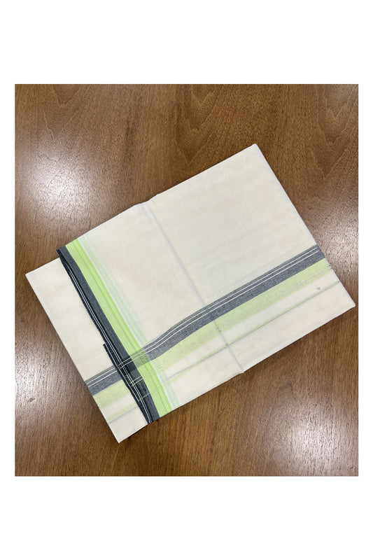 Off White Pure Cotton Double Mundu with Green and Grey Kara (South Indian Kerala Dhoti)