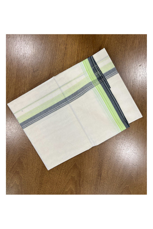 Off White Pure Cotton Double Mundu with Green and Grey Kara (South Indian Kerala Dhoti)