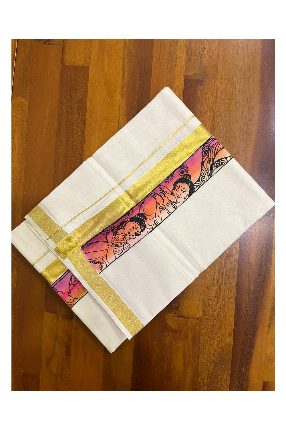 Kerala Pure Cotton Double Mundu with Mural Hand Painted Design on Kasavu Border (South Indian Kerala Dhoti)