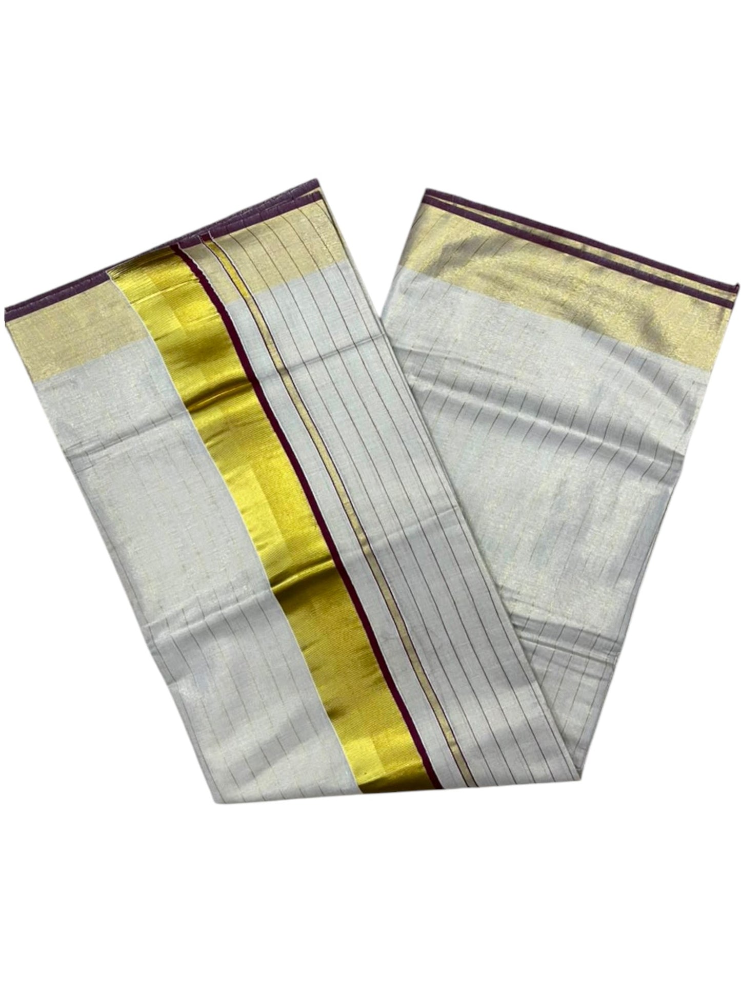 Southloom Kerala Tissue Kasavu Saree with Stripes on Body In Maroon Border