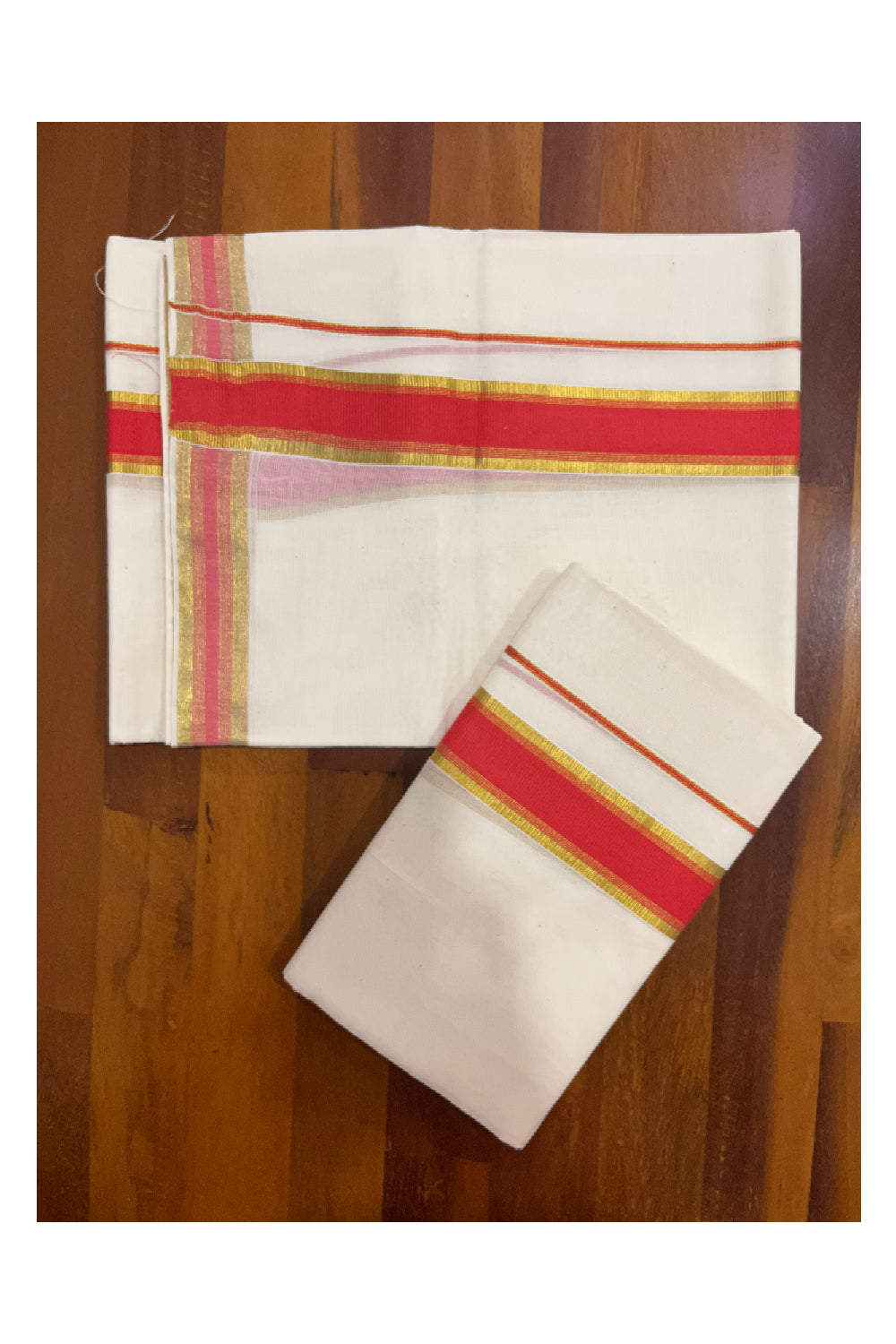 Pure Cotton Kerala Single Set Mundu (Mundum Neriyathum) with Orange and Kasavu Border 2.80 Mtrs (Onam Set Mundu 2023)