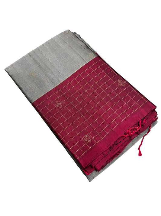 Southloom Pure Handloom Kanchipuram Silk Saree with Korvai Work (Grey & Magenta)