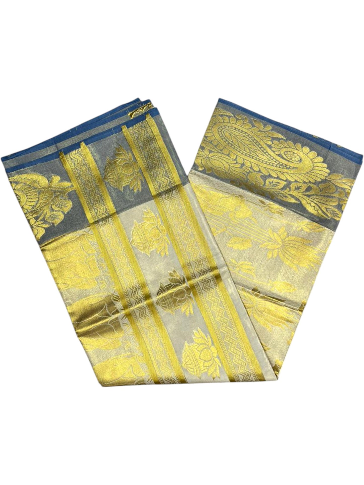 Southloom  Kerala Tissue Kasavu Heavy Work Saree with Floral Design And Blue Border SL483