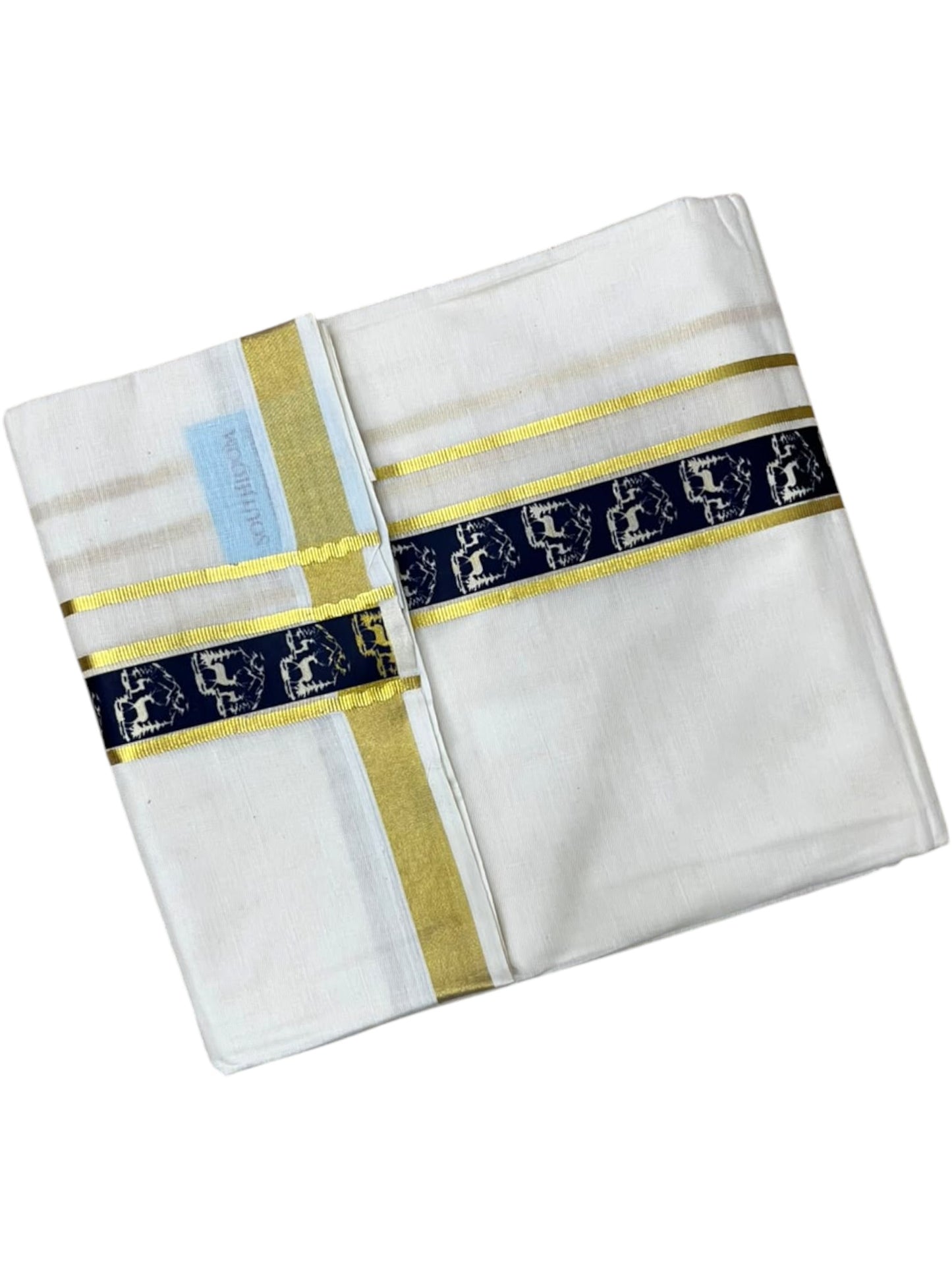 Southloom Pure Cotton Double Mundu with Blue Block Printed And Ksavu Border (South Indian Kerala Dhoti)