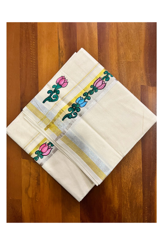 Pure Cotton Kerala Double Mundu with Silver and Golden Kasavu Hand Painted Floral Design Border (South Indian Kerala Dhoti)