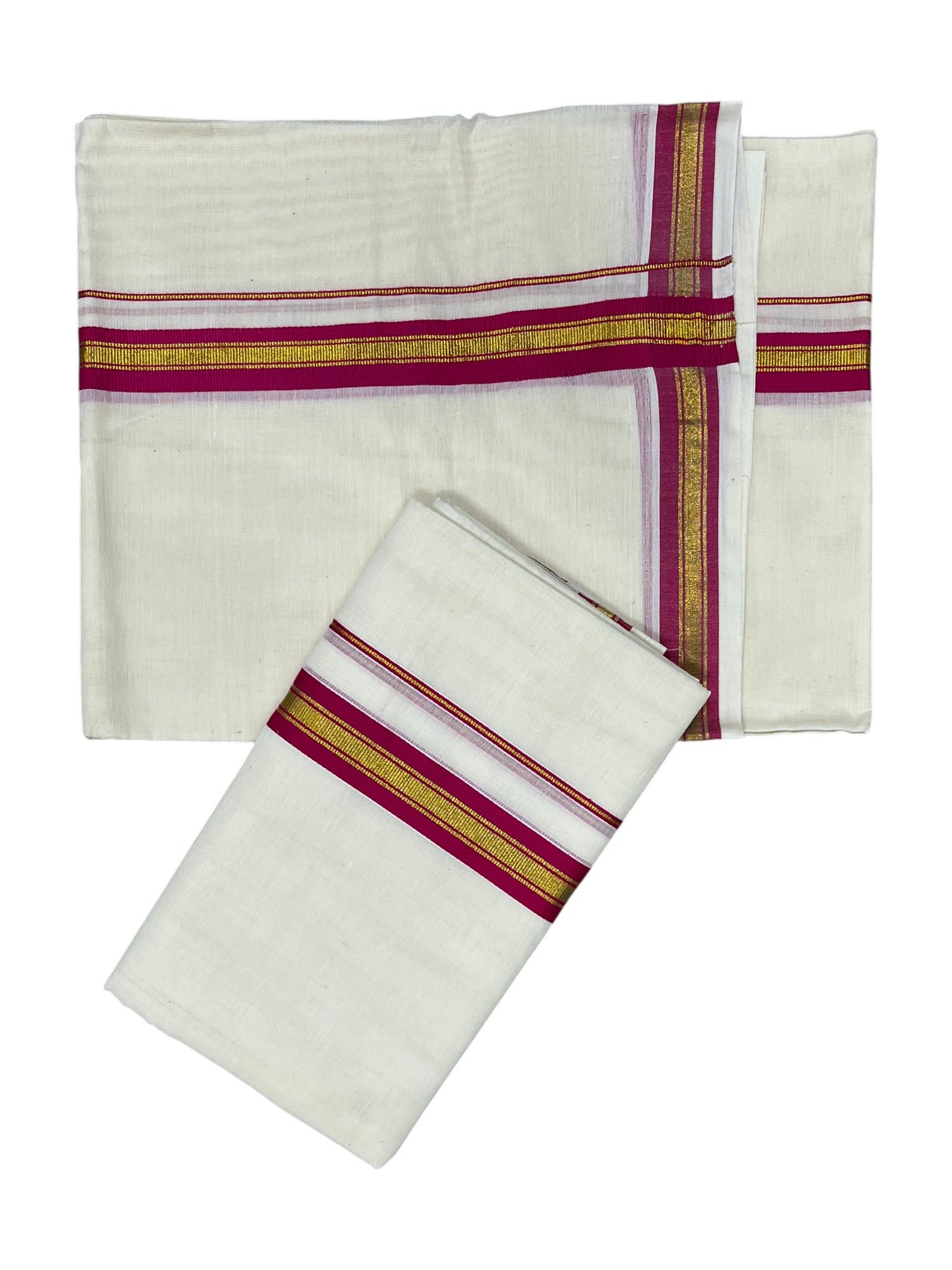 Pure Cotton Kerala Single Set Mundu (Mundum Neriyathum) with Magenta Kasavu Border in 2.80 Mtrs