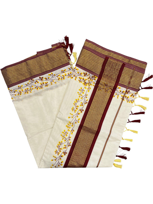 Southloom Maroon Floral Print Saree with Kasavu Check Borders