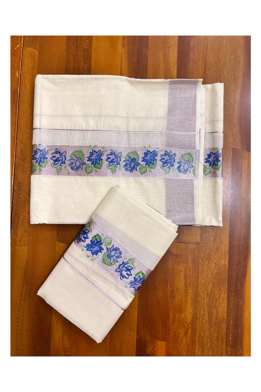 Kerala Pure Cotton Single Set Mundu (Mundum Neriyathum) with Blue Green Block Prints on Rose Copper Kasavu Border