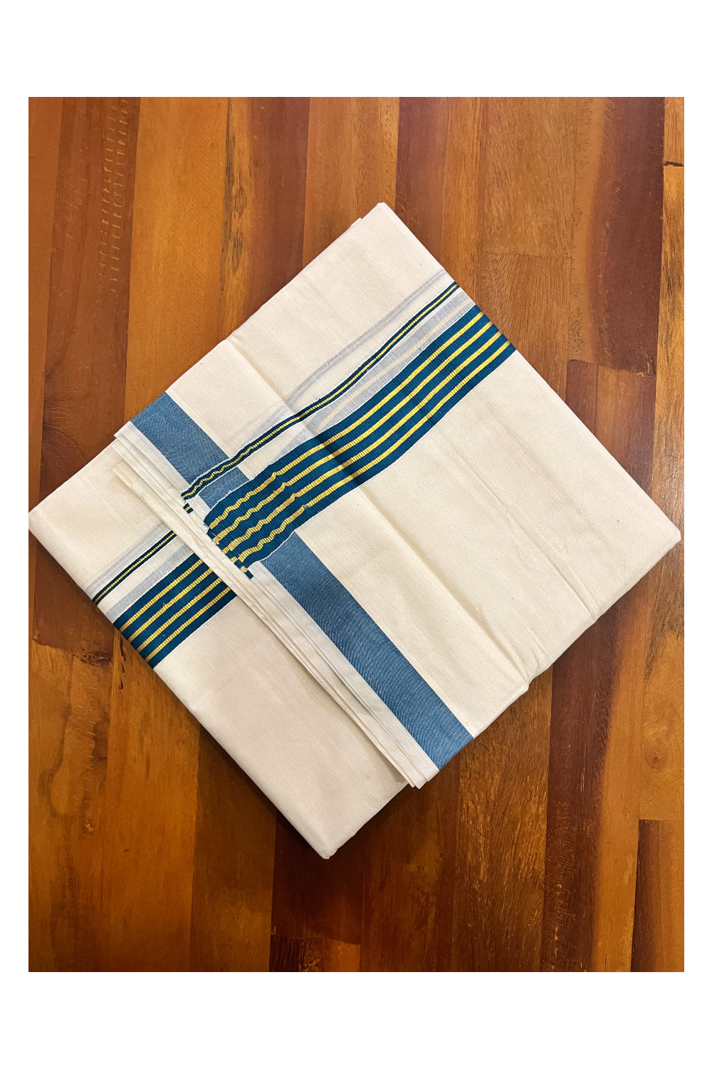 Off White Kerala Cotton Double Mundu with Kasavu and Green Border (South Indian Kerala Dhoti)