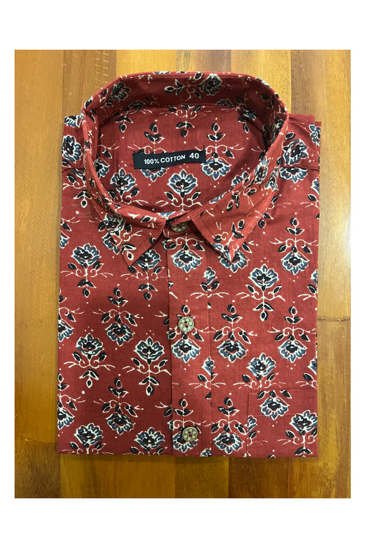 Southloom Jaipur Cotton Brick Red Hand Block Printed Shirt (Half Sleeves)