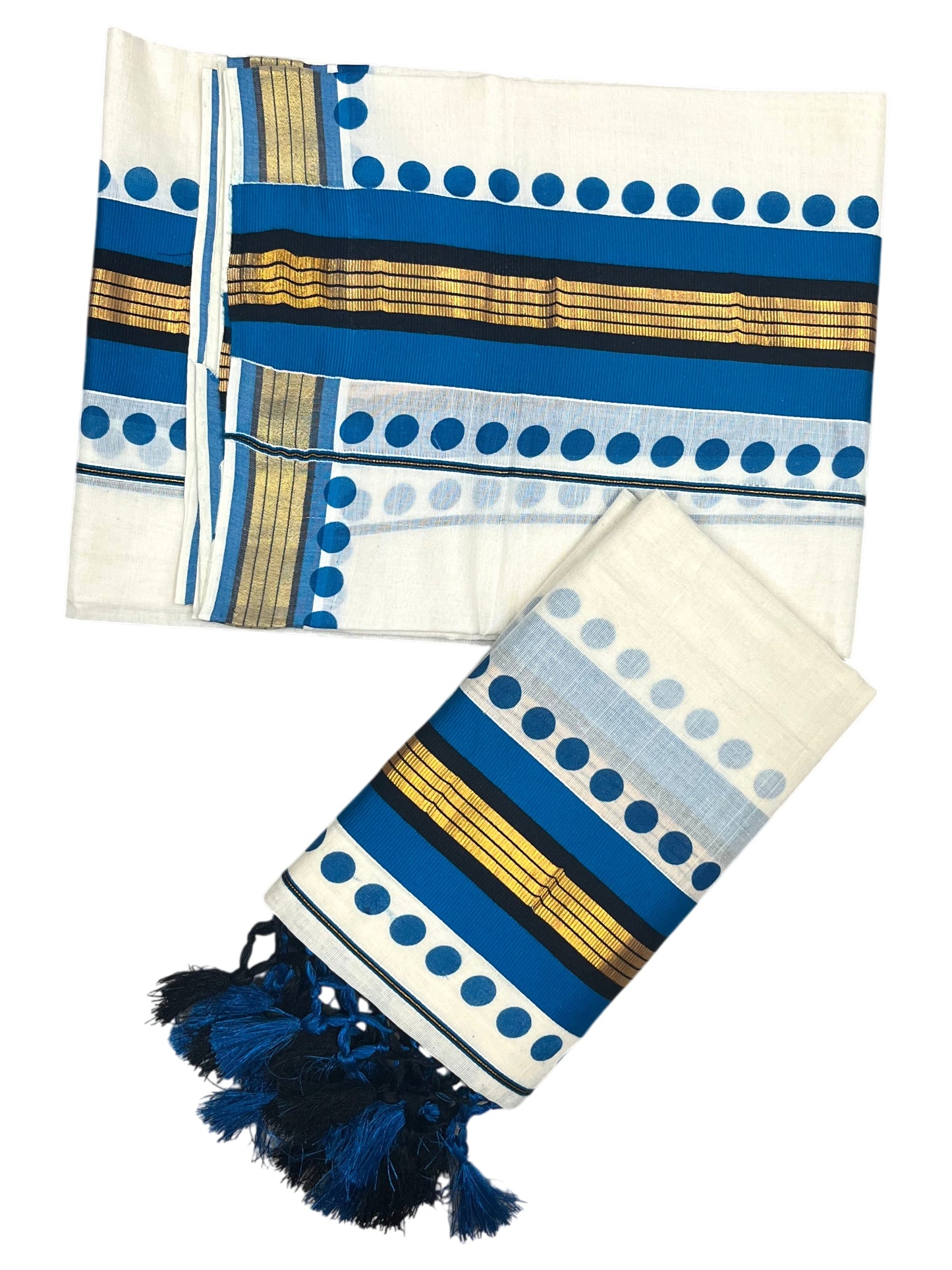Southloom Kerala Cotton Kasavu Single Set Mundu (Mundum Neriyathum) with Blue Border With Polka Dots SLKK