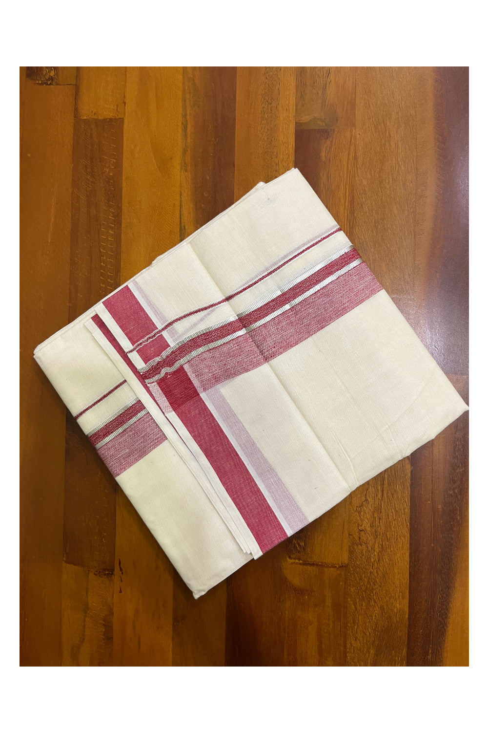 Kerala Pure Cotton Double Mundu with Silver Kasavu and Maroon Border (South Indian Kerala Dhoti)