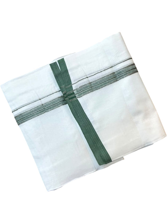 Southloom Pure White Cotton Mundu with Green & Silver Line Border (South Indian Kerala Dhoti)