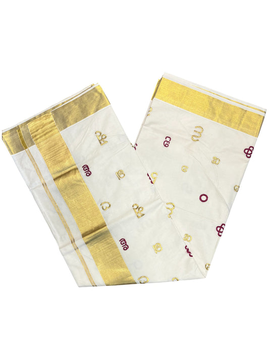 Southloom Kerala Cotton Kasavu Saree with Gold and Magenta Malayalam Aksharamala Embroidery Work on Body