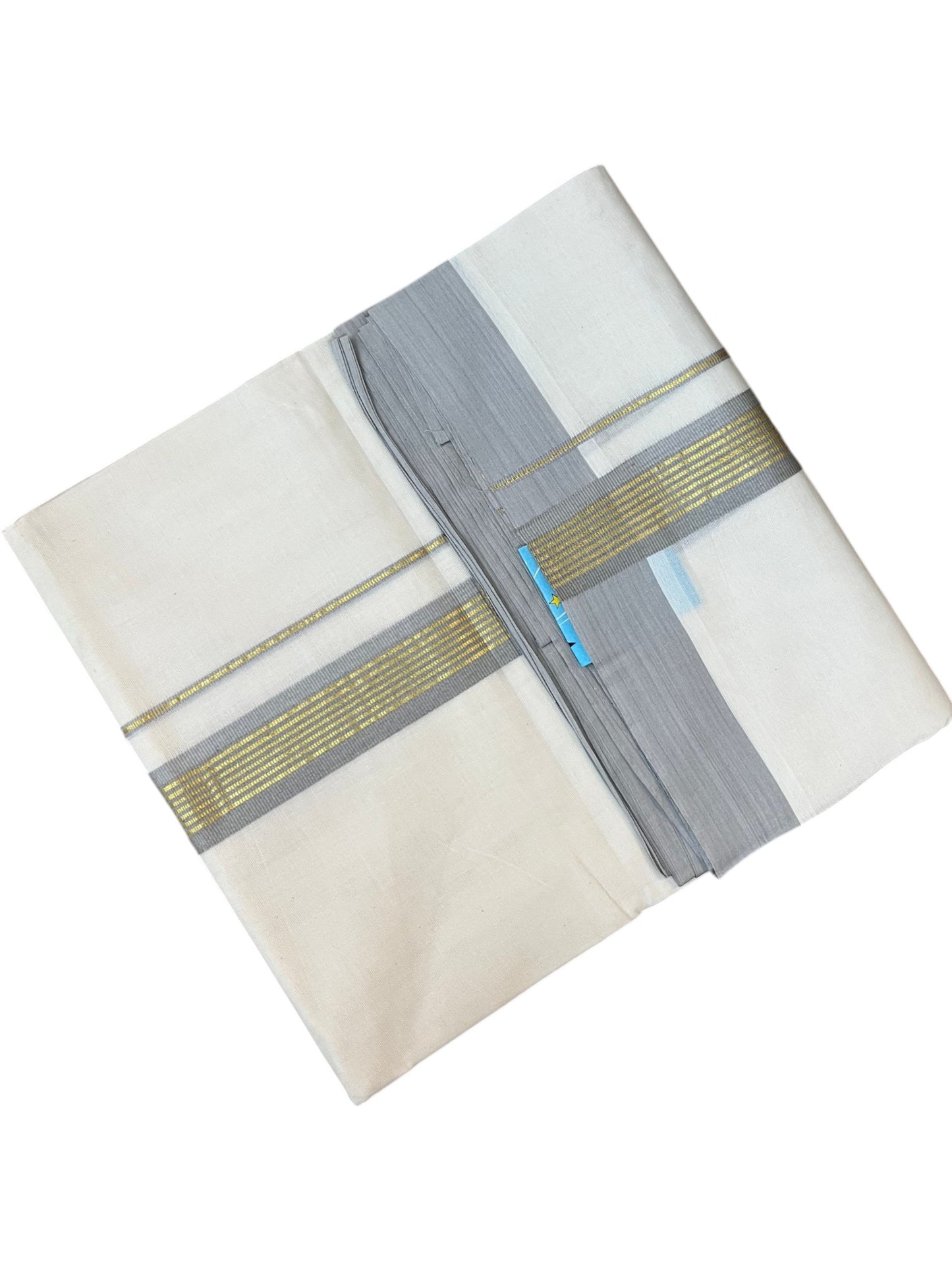 Southloom Pure Cotton Mundu with Golden Lines and Grey Border (South Indian Kerala Dhoti)