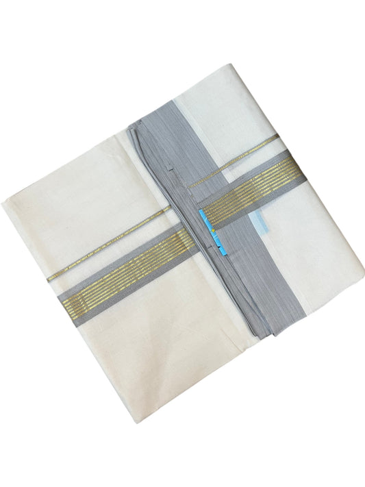 Southloom Pure Cotton Mundu with Golden Lines and Grey Border (South Indian Kerala Dhoti)