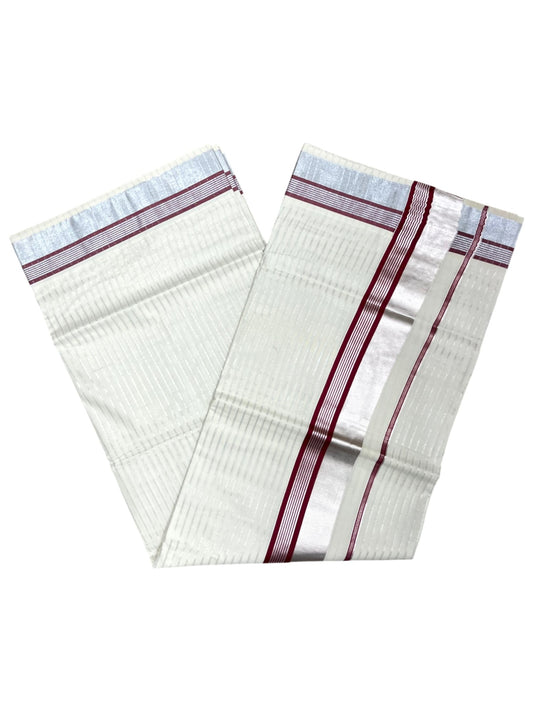 Southloom Pure Cotton Kerala Silver Kasavu Lines Saree with Maroon and Silver Border