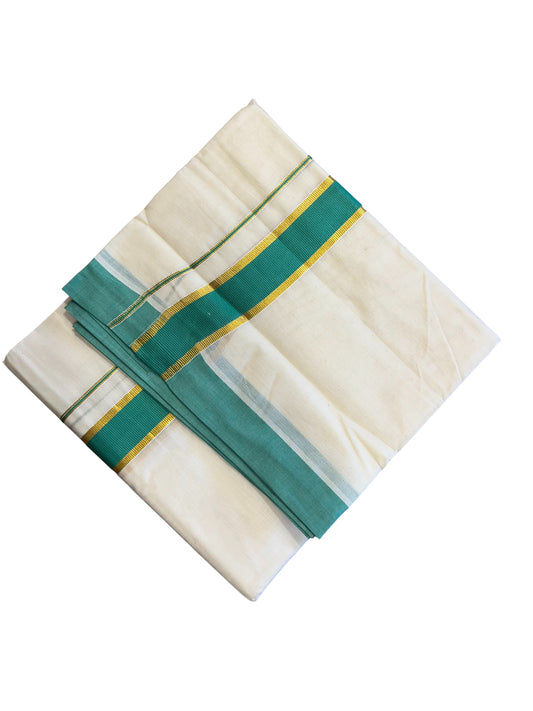Southloom Pure Cotton Mundu with Gold Kasavu and Green Colour Border (South Indian Kerala Dhoti)
