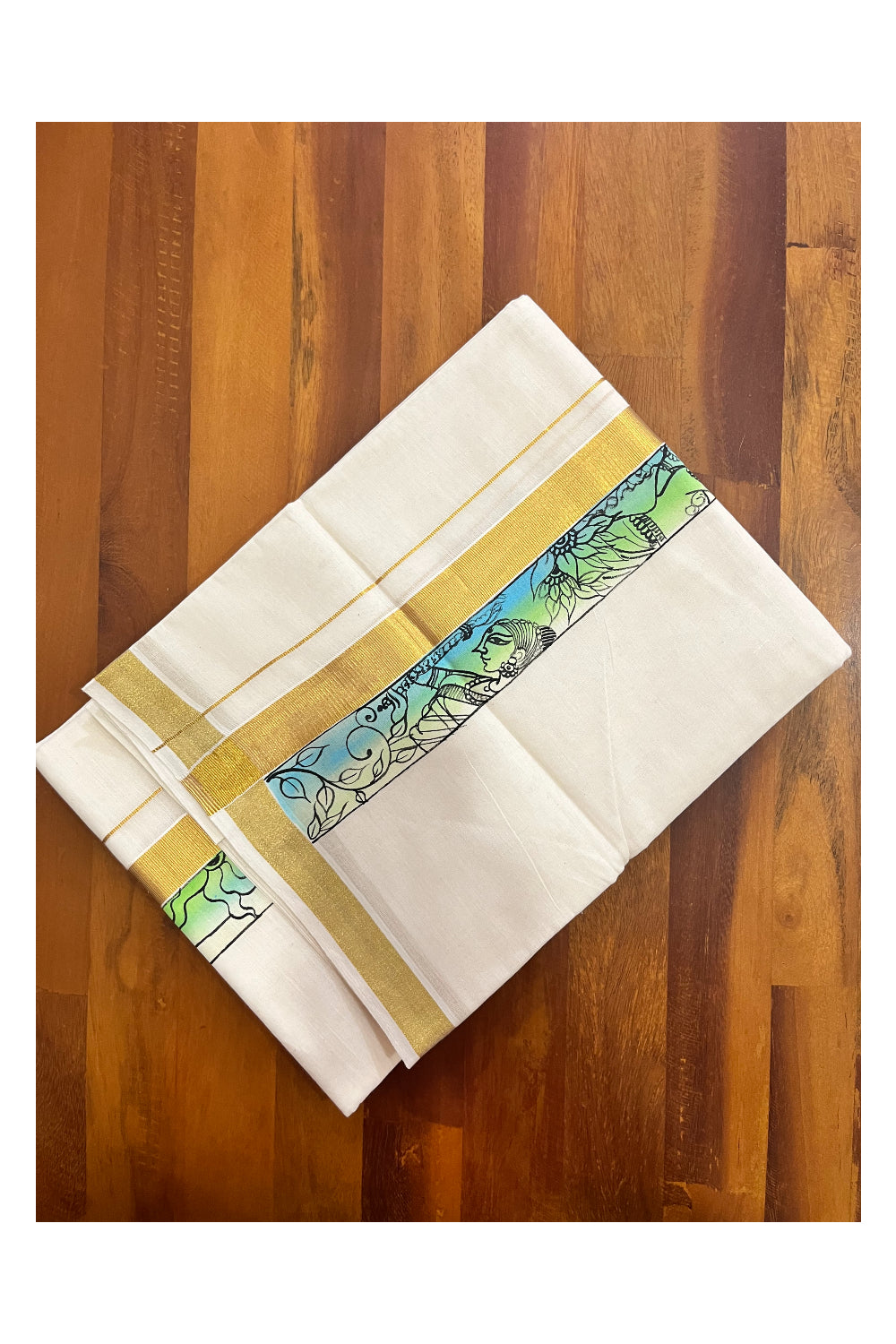 Pure Cotton Kerala Double Mundu with Krishna Hand Painted Designs on Kasavu Border (Vishu Collection 2024)